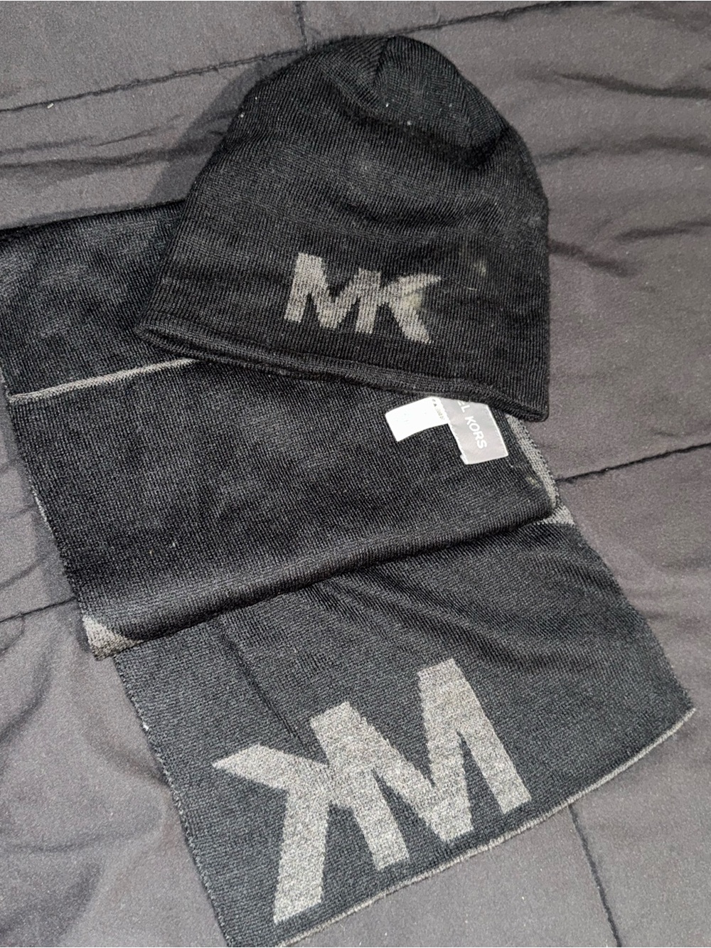 Michael Kors Black Knit MK Logo Beanie & Scarf Set